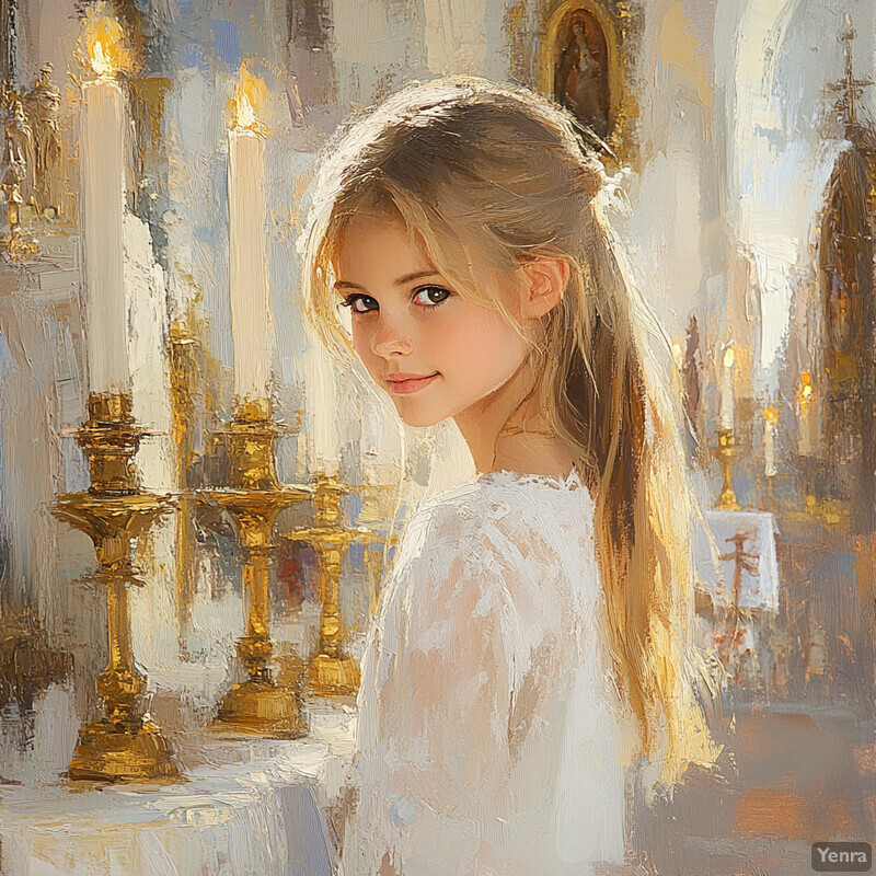 A young girl stands in a church interior surrounded by lit candles and candelabras, looking over her shoulder with a smile.