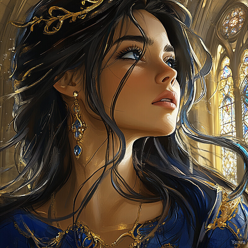 A woman in a blue dress with gold accents looks upwards at an ornate wall.