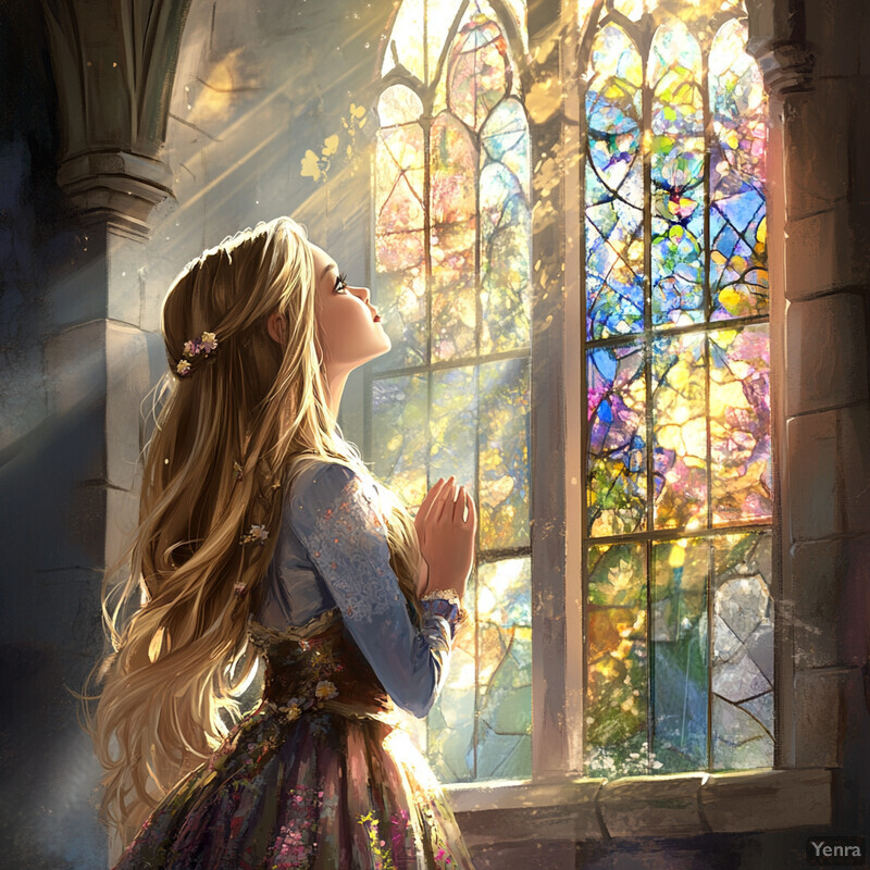 A serene and ethereal scene of a woman standing in front of a stained glass window, her hands clasped together in prayer or contemplation.