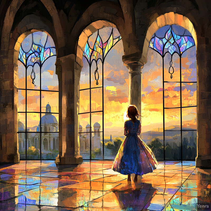 A serene and idyllic scene of a woman standing in an ornate room with arched windows, gazing out at a breathtaking sunset