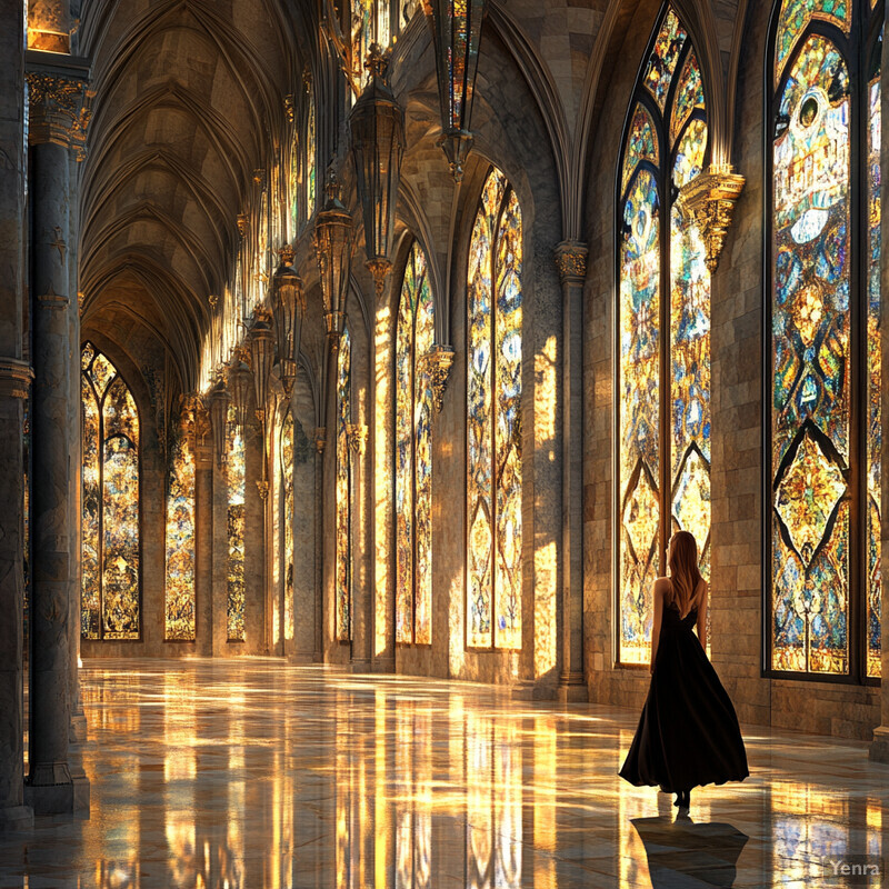 A woman stands in a grand room with tall arched windows and stone walls, gazing out at the view.