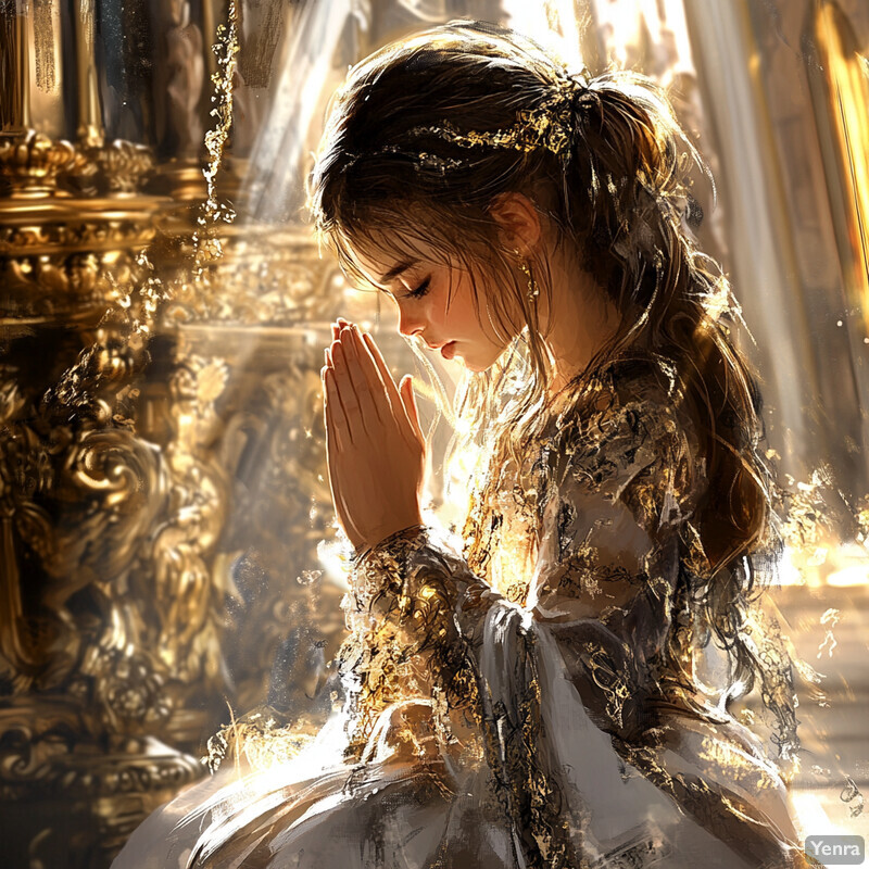 A young girl in prayer, surrounded by elegant decor.