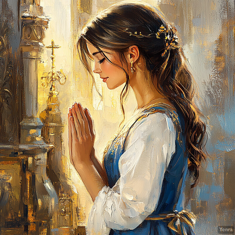 A woman in prayer, with a soft and muted background, creating a calming atmosphere.