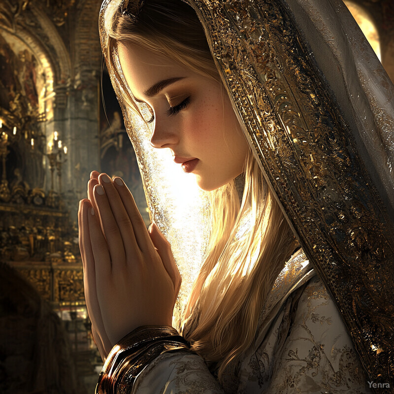 Woman dressed in traditional religious attire praying in a church interior