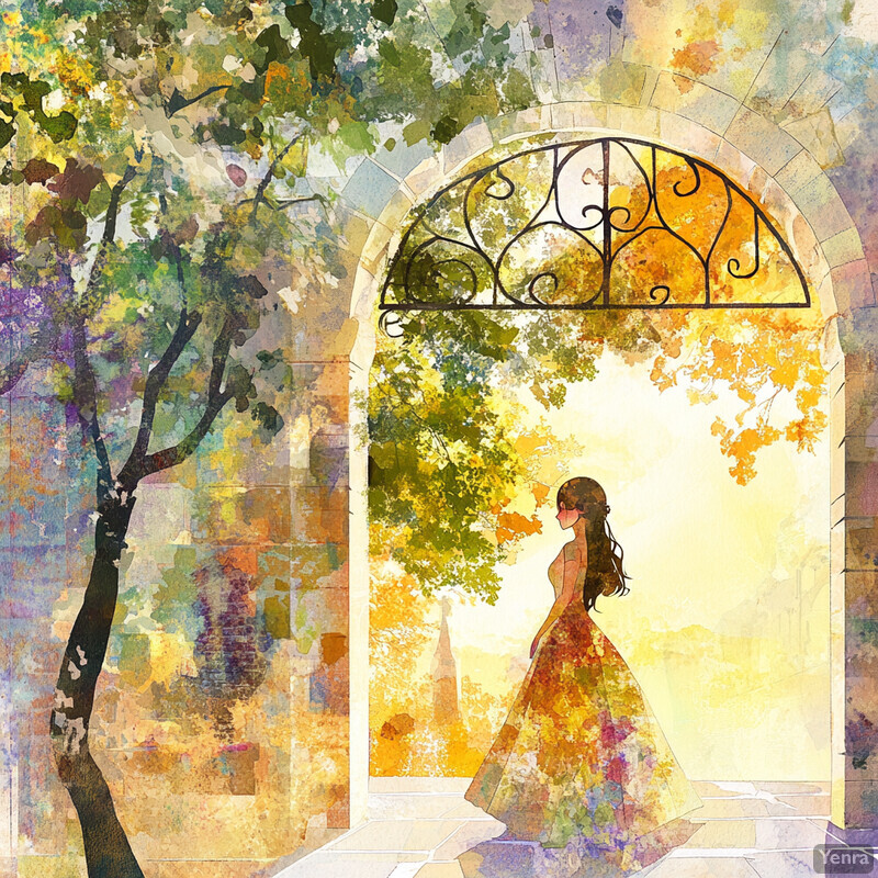 A serene and idyllic scene featuring a woman standing in front of an archway surrounded by lush greenery and vibrant flowers