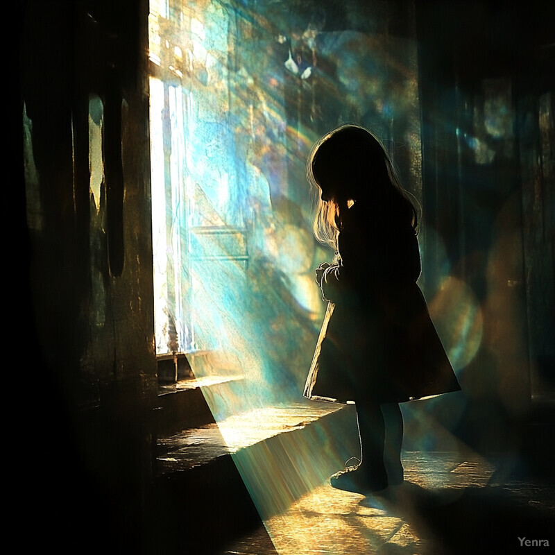 A young girl stands in front of a window, lost in thought.