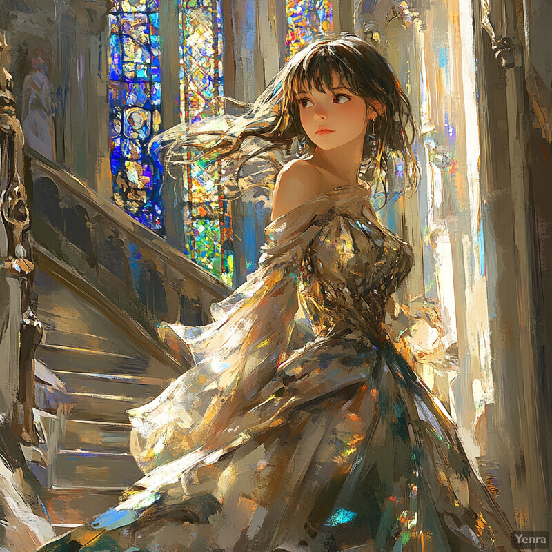 Ethereal Empress standing on staircase in front of stained glass windows