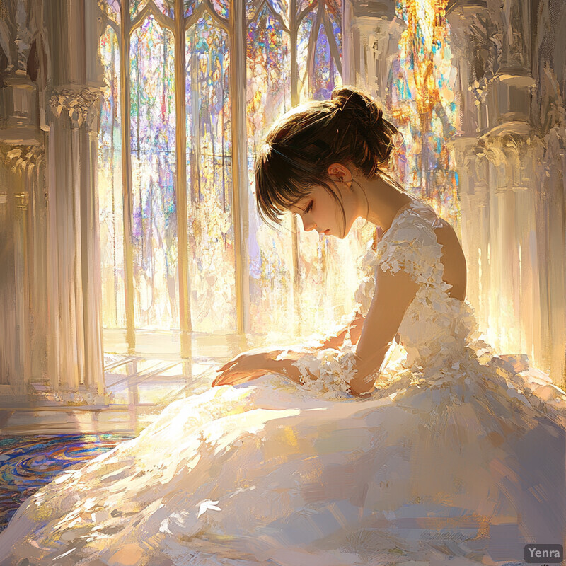 A serene and ethereal scene of a woman in a white wedding dress sitting on the floor with her head bowed, surrounded by an ornate room with stained glass windows.