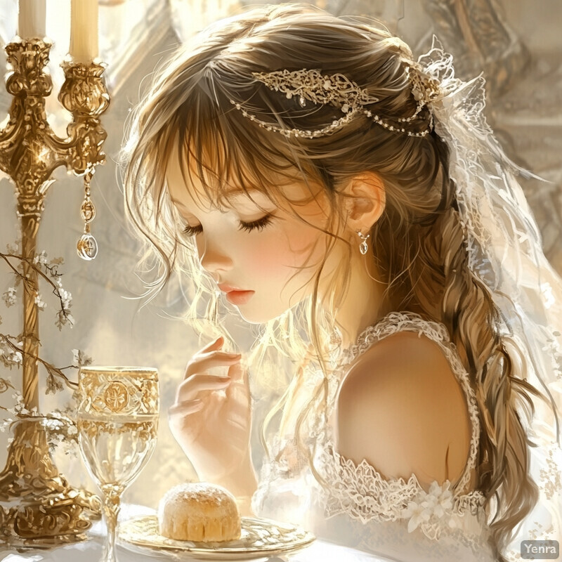 A young girl in a white wedding dress sits at a table with a glass goblet and small cake, surrounded by a soft, muted color palette.