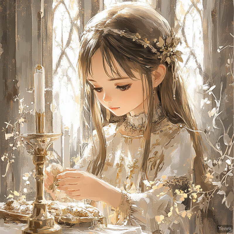 A young girl sits at a table surrounded by candles and flowers, lost in thought or prayer.