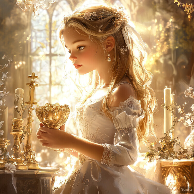 A woman in white holds a golden chalice amidst candles and flowers, exuding peace and spirituality.