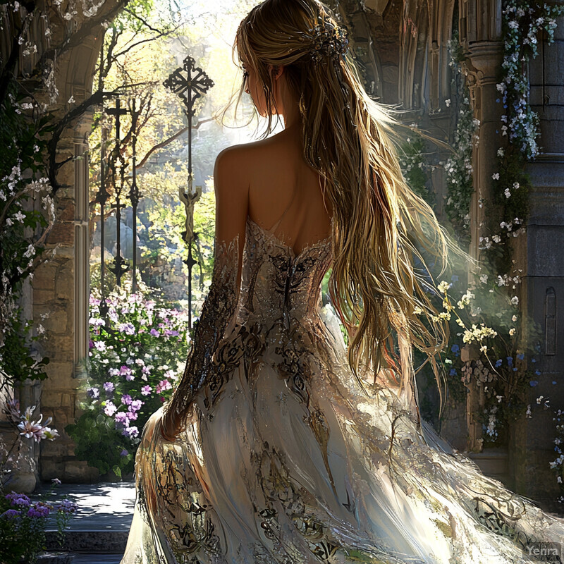 A woman in a white dress with gold embroidery stands in front of a stone wall, surrounded by mystery and reverence.