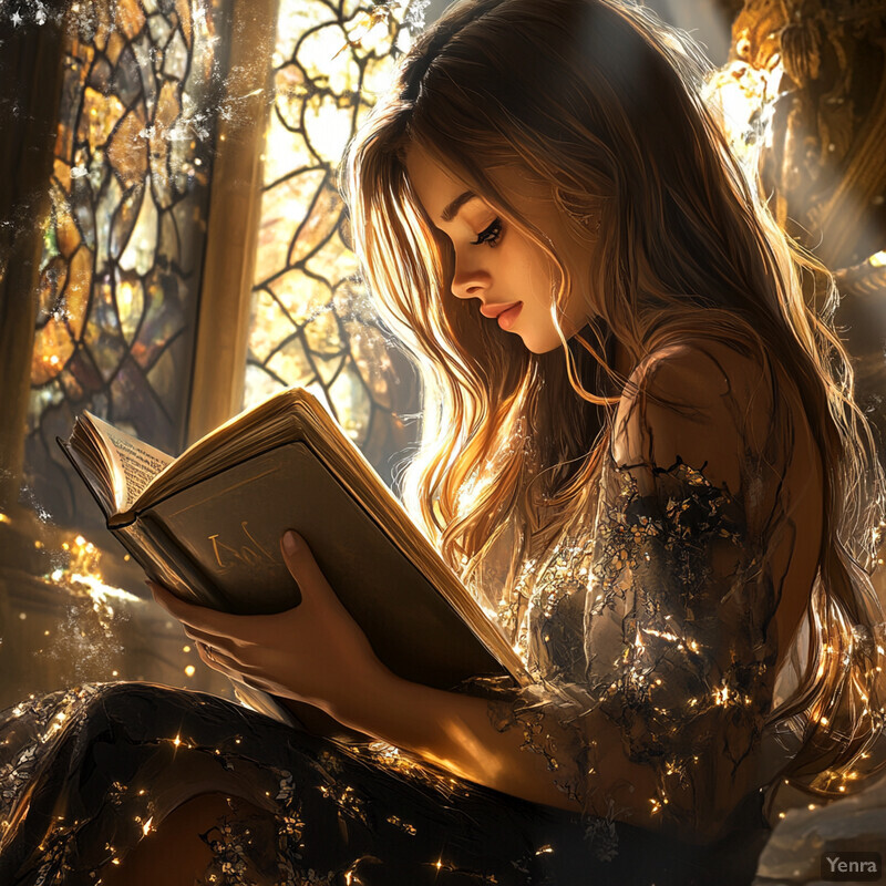 A woman reads a book surrounded by an ethereal glow