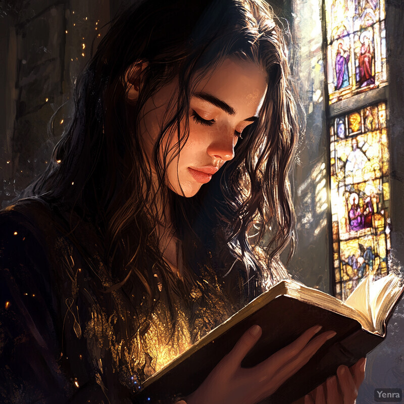 A woman reads a book in front of a stained glass window, bathed in sunlight.