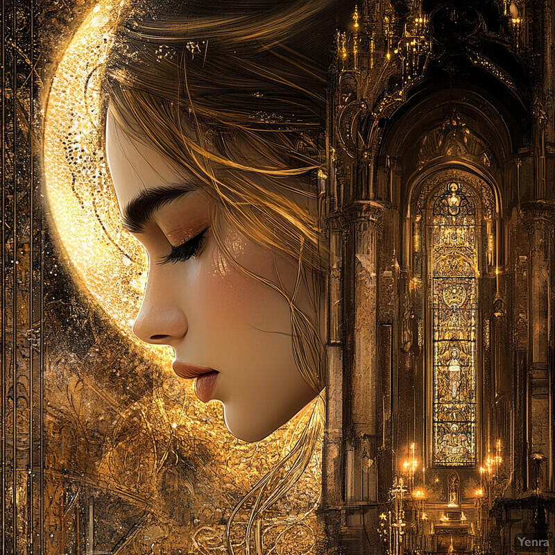 A serene and mystical scene featuring a woman's face surrounded by a radiant halo of light.