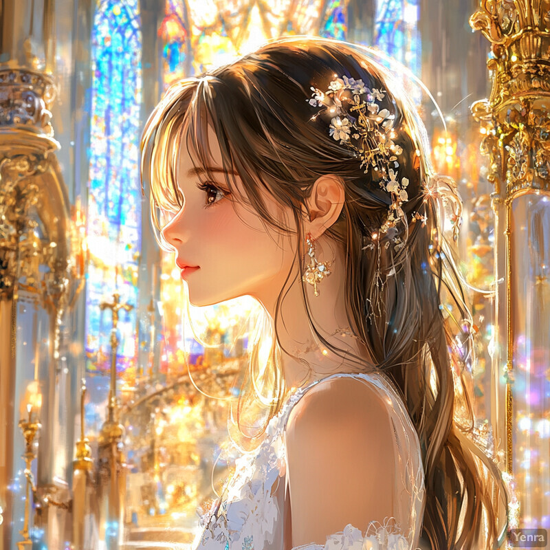 A woman with long hair adorned with white flowers stands in front of a stained glass window with a vibrant color palette, surrounded by gold accents.