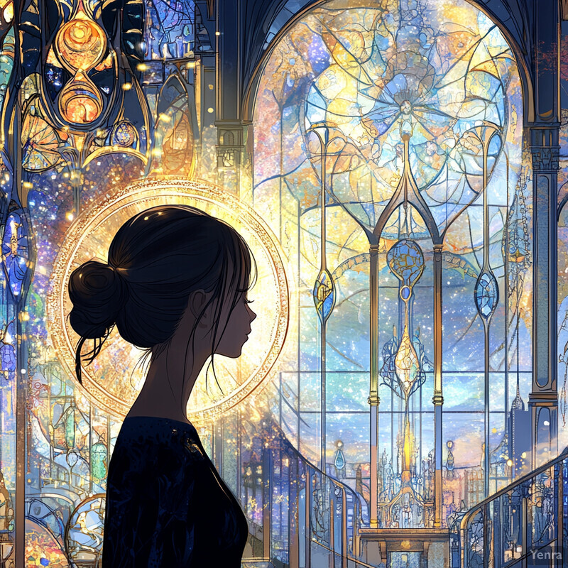 A woman stands in front of an ornate window with stained glass panels, gazing out at the view beyond.