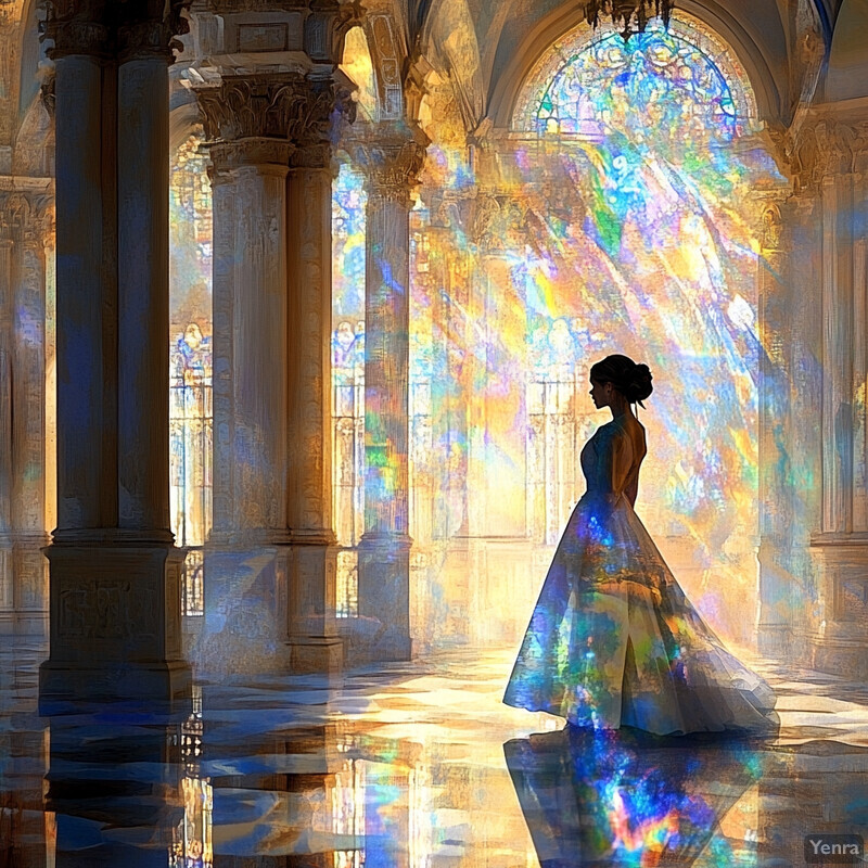 Woman in a long dress standing in front of a stained-glass window within an ornate church or cathedral