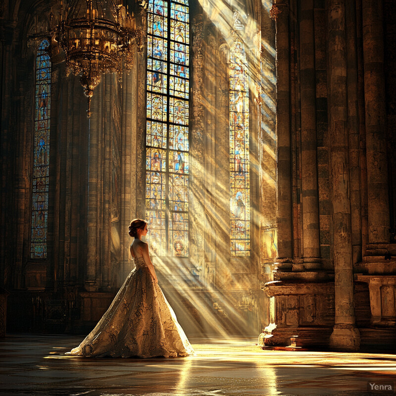 A woman in a gold ballgown stands confidently in front of two large windows with ornate stained glass panes, surrounded by opulent furnishings and chandeliers.