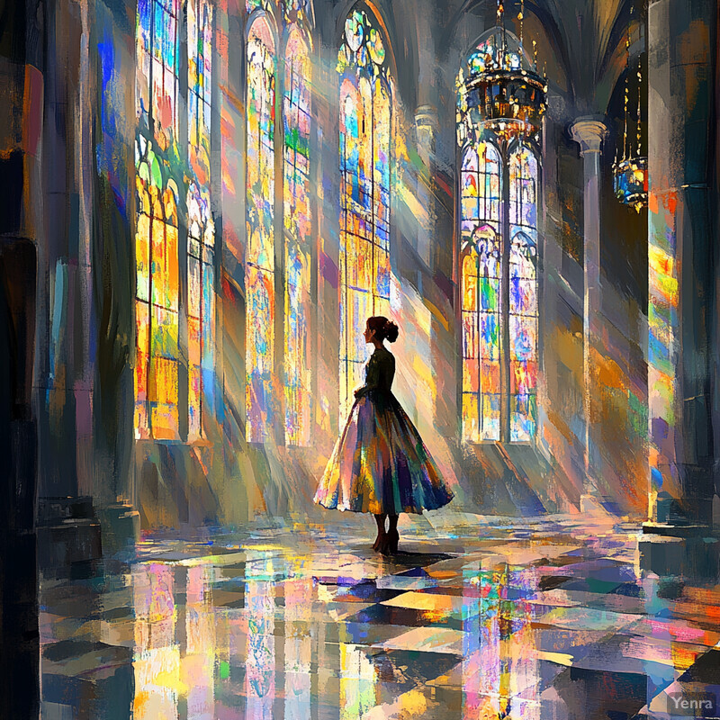 A woman stands in a grand, ornate room with tall stained-glass windows and a high ceiling.