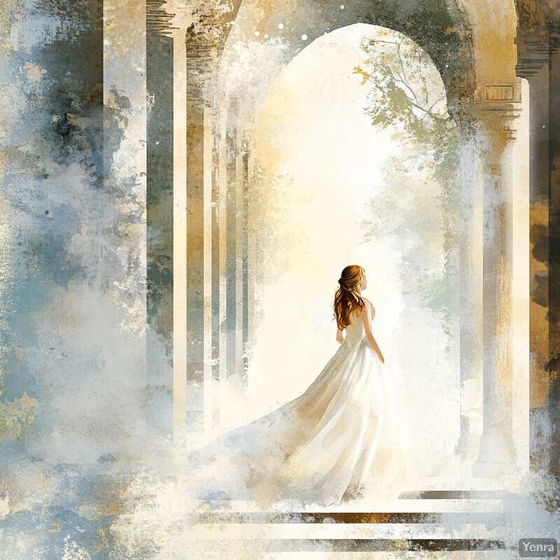 A woman in a white wedding dress stands amidst an arched stone structure surrounded by lush greenery, evoking a sense of peace and enchantment.