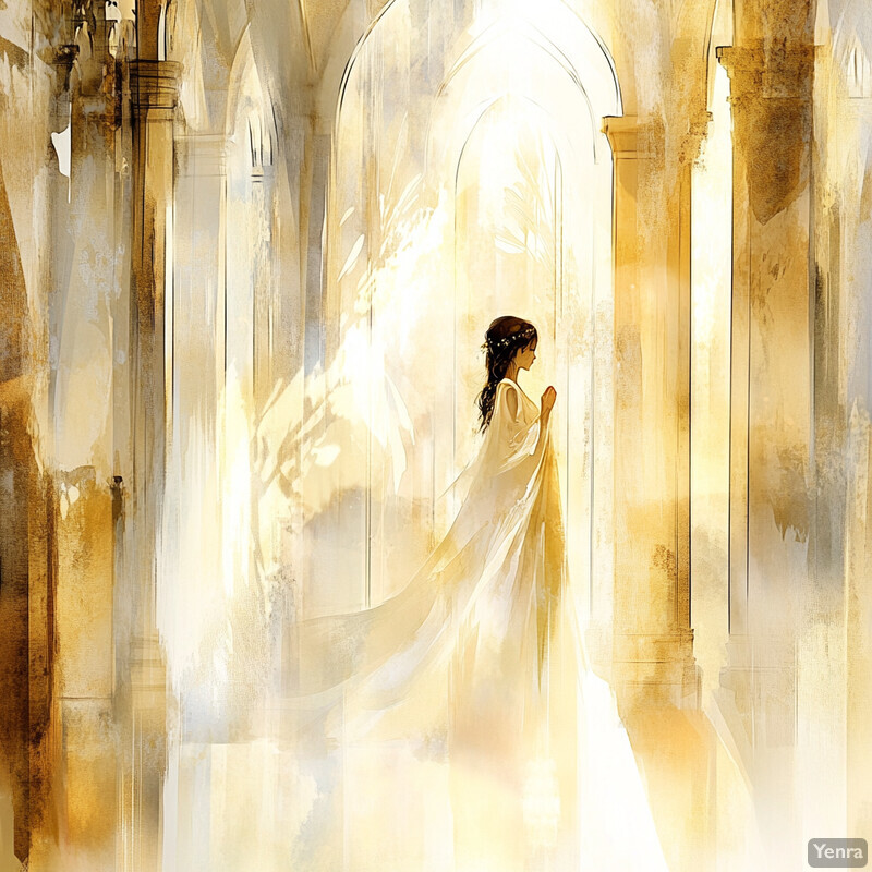 A serene and ethereal scene of a woman in front of an arched doorway, surrounded by columns and arches.