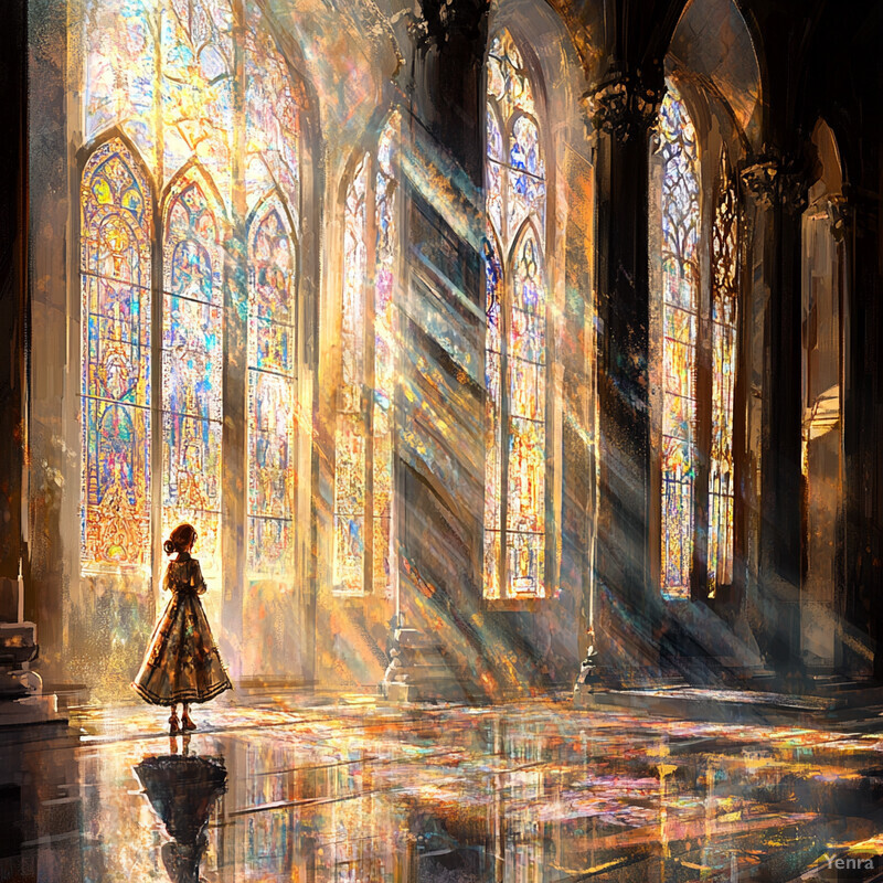 A young girl stands in front of a stunning stained glass window, surrounded by ornate stone carvings and arches.