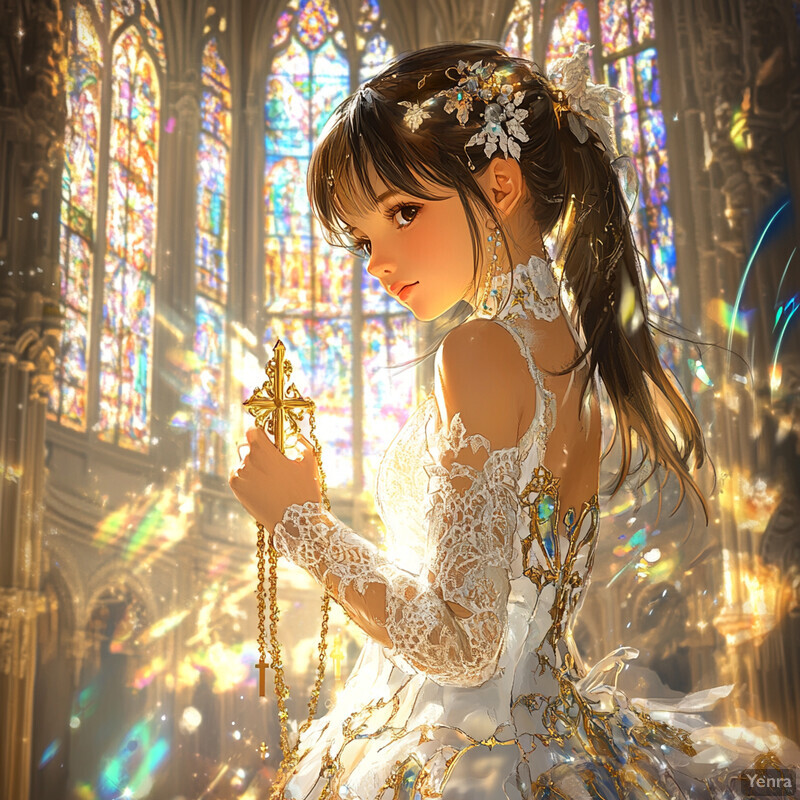 A woman in a white lace wedding dress holds a golden cross-shaped rosary, set against a backdrop of stained-glass windows.