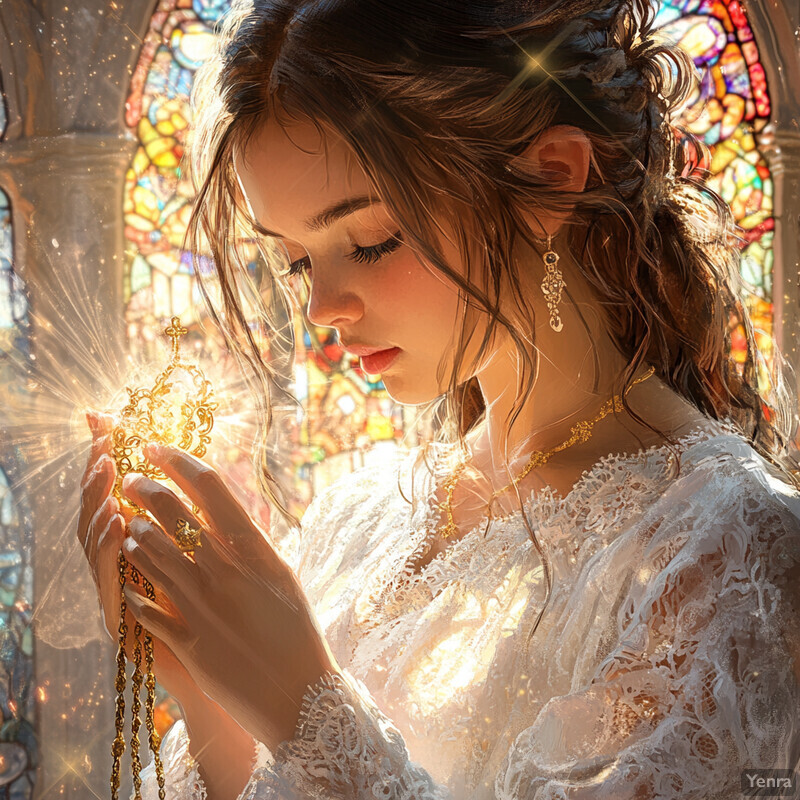 A woman in a white lace dress holds a golden crown with intricate details, set against a backdrop of stained glass windows and ornate columns.