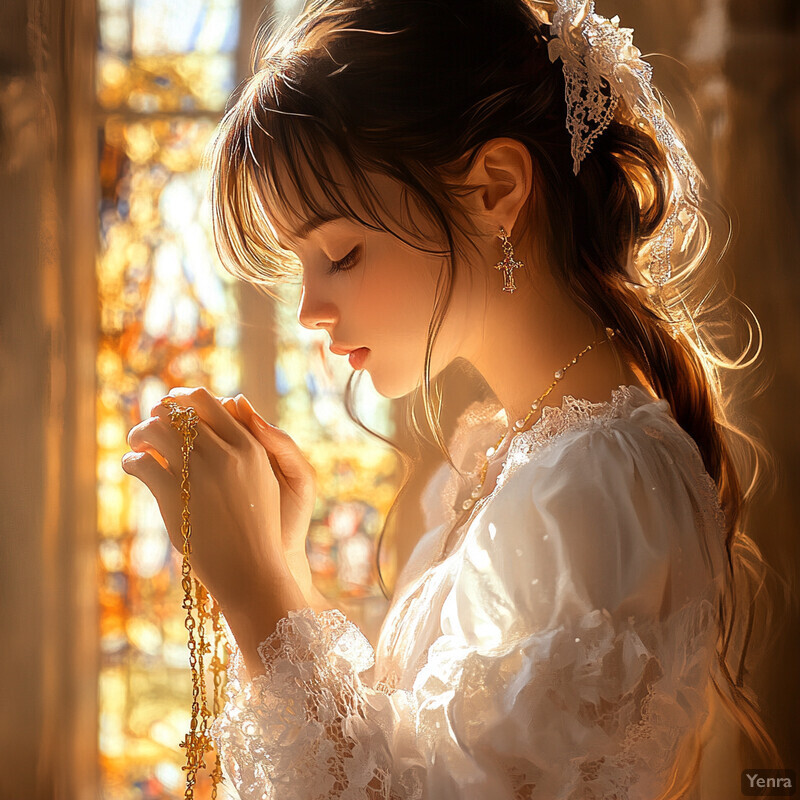 A woman stands in front of a stained glass window, holding a gold rosary chain and clasping her hands together in prayer.