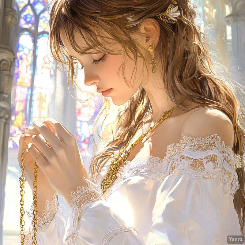 A woman in a white dress holds a rosary, surrounded by stained glass windows and a church-like background.