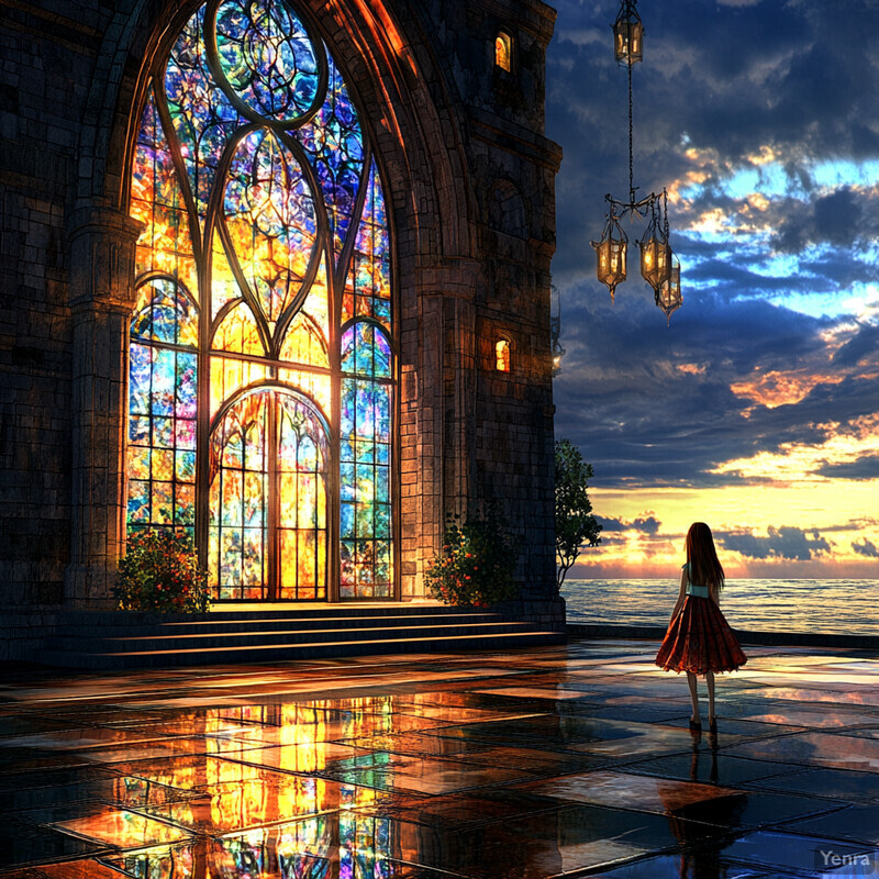 A woman stands in front of a stone building with stained glass windows, overlooking the ocean at sunset.