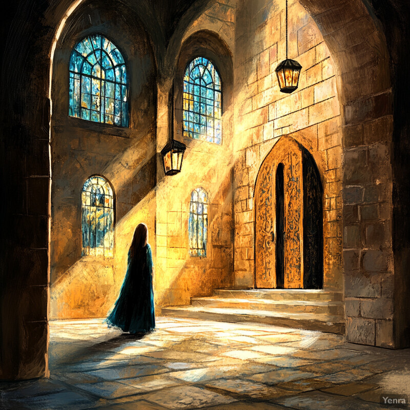 A woman in a blue dress stands in an arched hallway