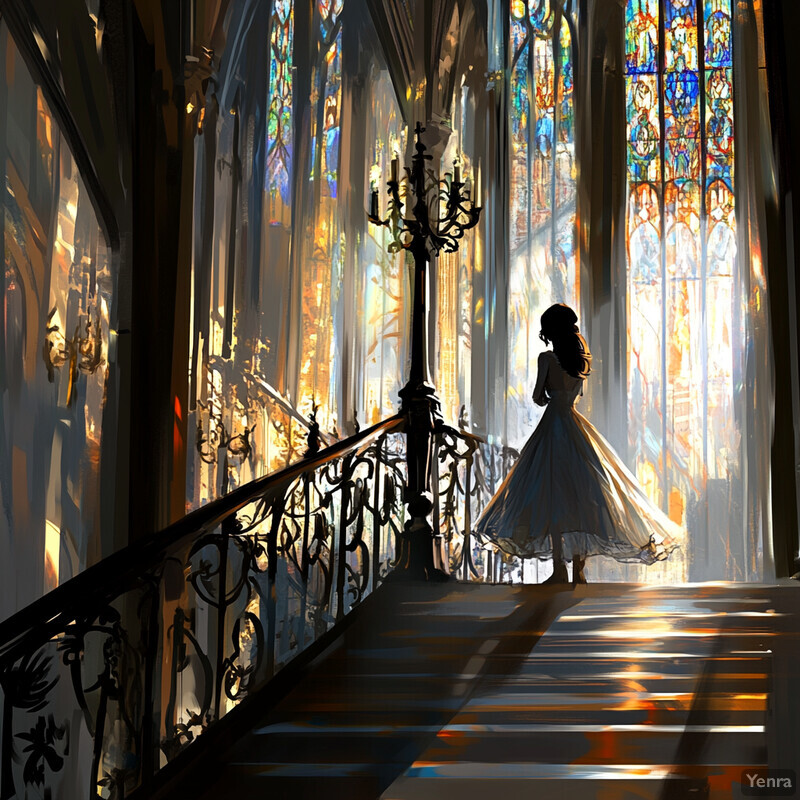 A woman in a white dress stands on an ornate staircase