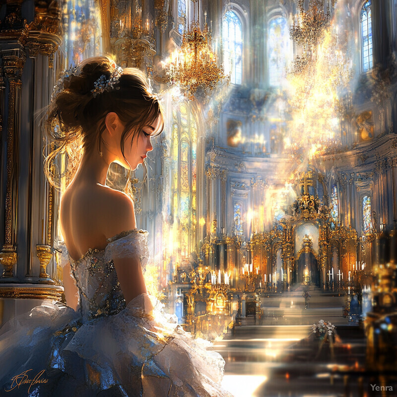 A woman stands in an ornate church or cathedral, surrounded by grand architecture and natural light.