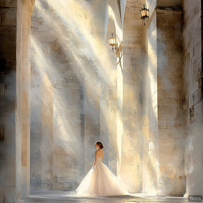 A woman in a white wedding dress stands in an ornate stone building with tall, arched columns and vaulted ceilings.