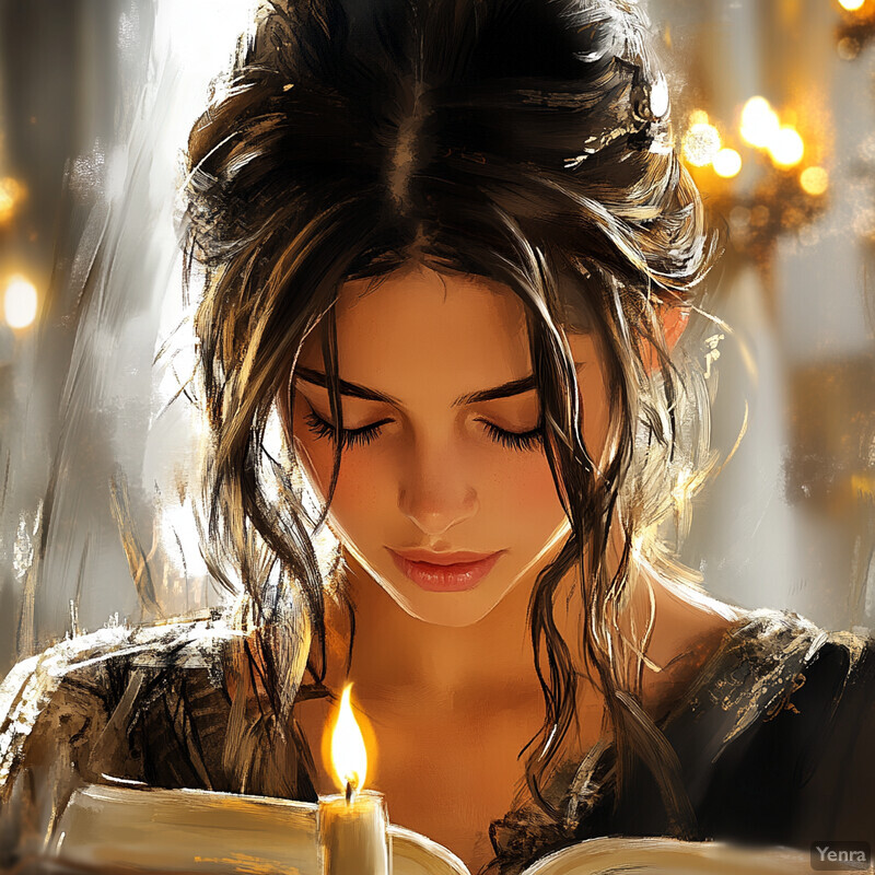 A woman reads a book by candlelight in front of a window