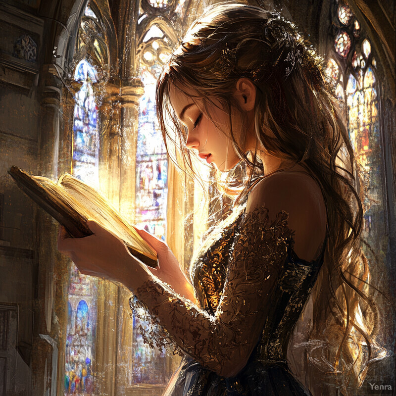 A woman with long hair and a lace dress holds an old book in front of a stained glass window.