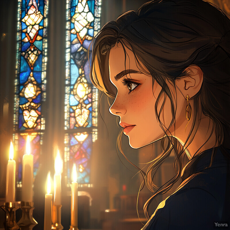 A young woman gazes at lit candles in a room with stained glass windows