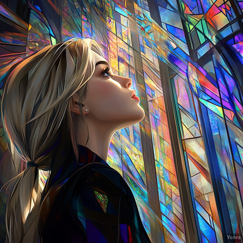 A woman stands in front of a stained glass window, gazing upwards with her eyes closed.