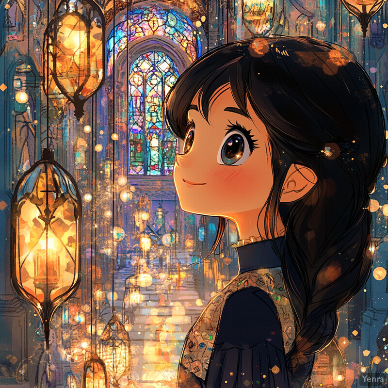 A young girl stands in front of a stained glass window