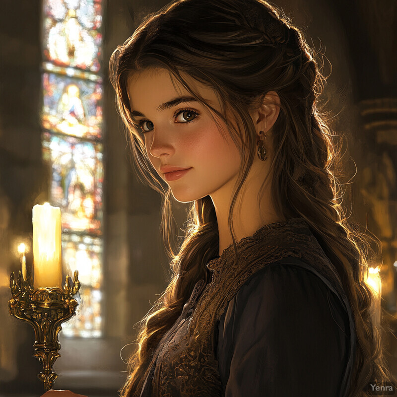 A young woman with long brown hair and fair skin stands in front of a window or door, holding an ornate golden candelabra with three lit candles. She wears a dark-colored dress with gold embroidery around the neckline and has a delicate gold earring hanging from her left earlobe.