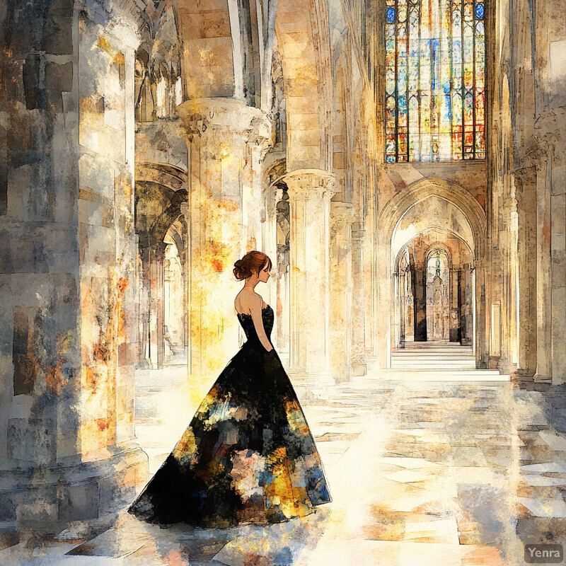 A woman in a black dress stands within an ornate cathedral or church, surrounded by stone walls and stained glass windows.