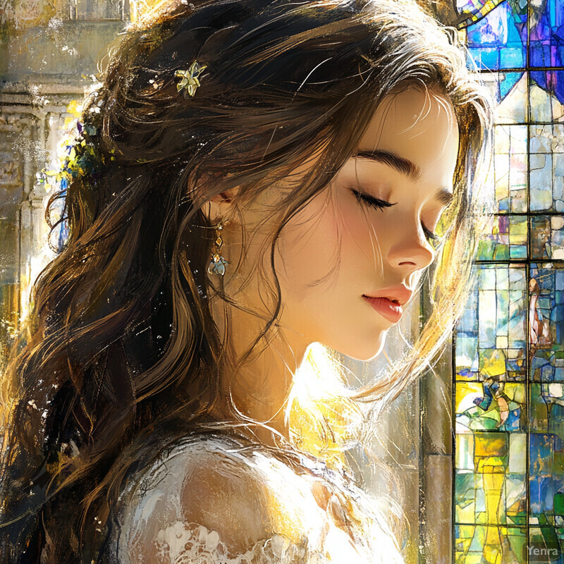 A serene and elegant scene featuring a woman with long brown hair in front of an ornate stained glass window