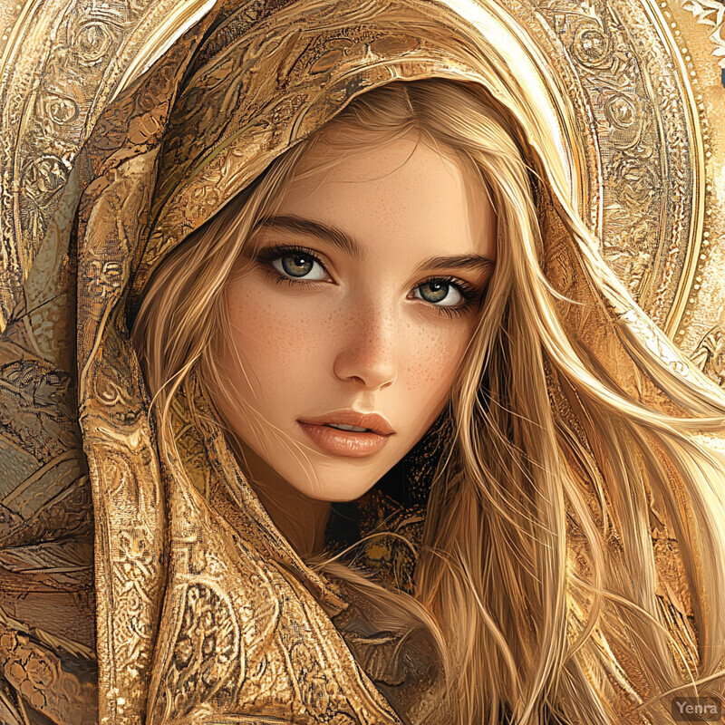 A woman with long blonde hair and piercing green eyes wears an ornate gold headdress, gazing directly at the viewer.