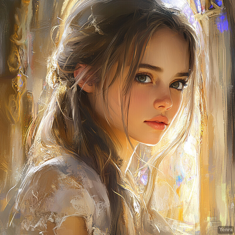 A young girl with long brown hair and blue eyes, wearing a white dress with lace details, is depicted in a peaceful and serene atmosphere.