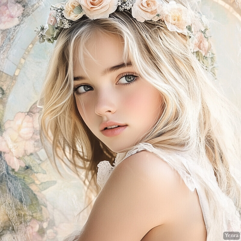 A young girl with blonde hair and blue eyes wears a white dress and flower crown, posing for a portrait photo.