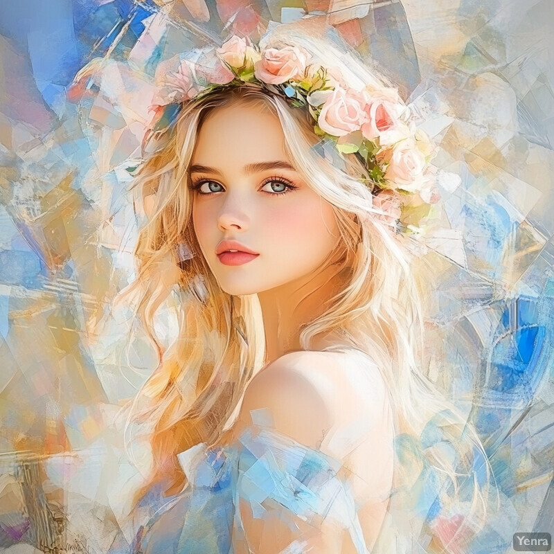 A woman with long blonde hair and blue eyes wearing a floral crown.