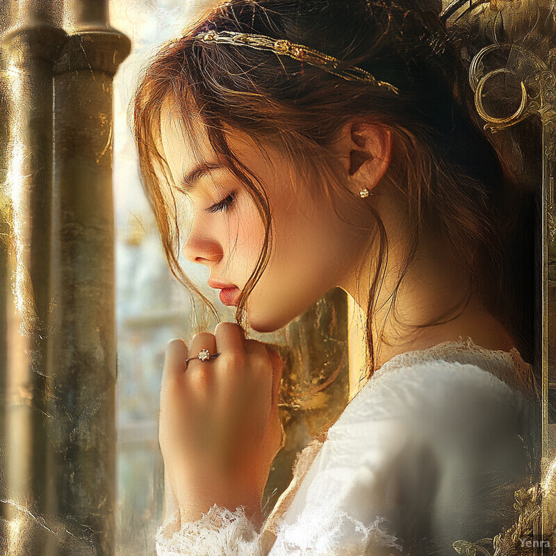 A serene portrait of a woman in a white lace dress, lost in thought amidst a blurred outdoor setting.