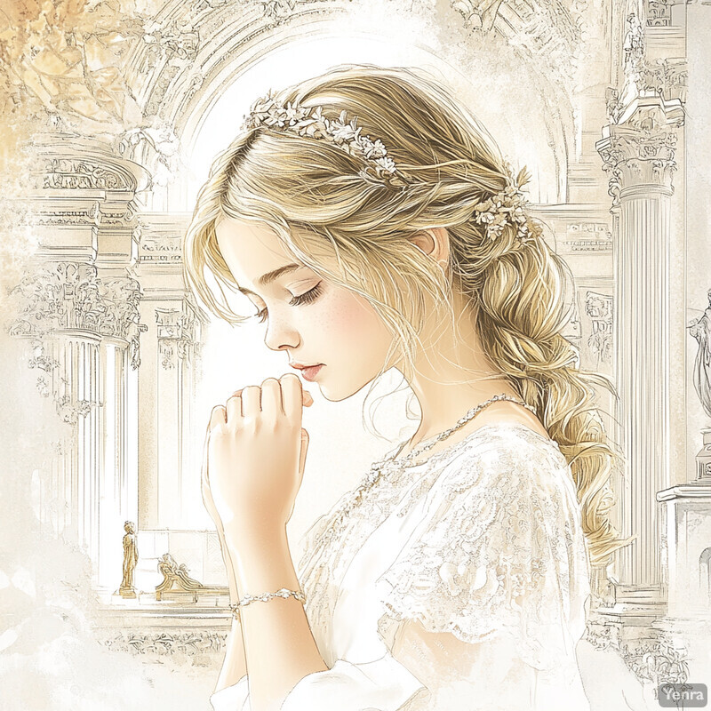 A serene and elegant scene of a woman in prayer, depicted in a classical style with attention to detail and realism.